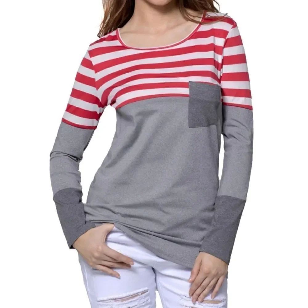 Lucky Red White Stripe Colorblock Long Sleeve Blouse Top